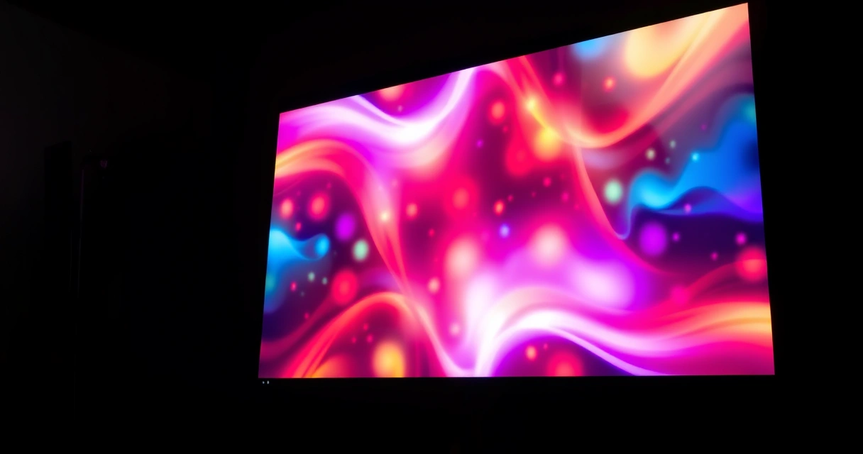 Monitor grande aceso num quarto escuro, com luz colorida