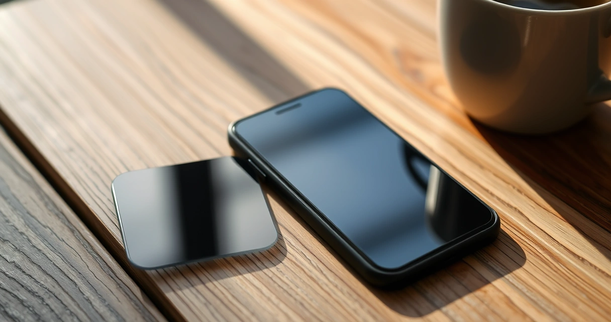 Celular sobre uma mesa de madeira, ao lado de uma xícara de café