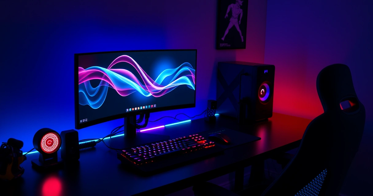 Mesa de jogo com monitor, teclado e iluminação colorida