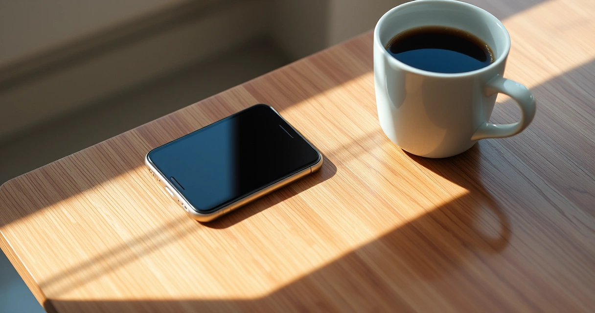 Celular sobre uma mesa de madeira, ao lado de uma xícara de café