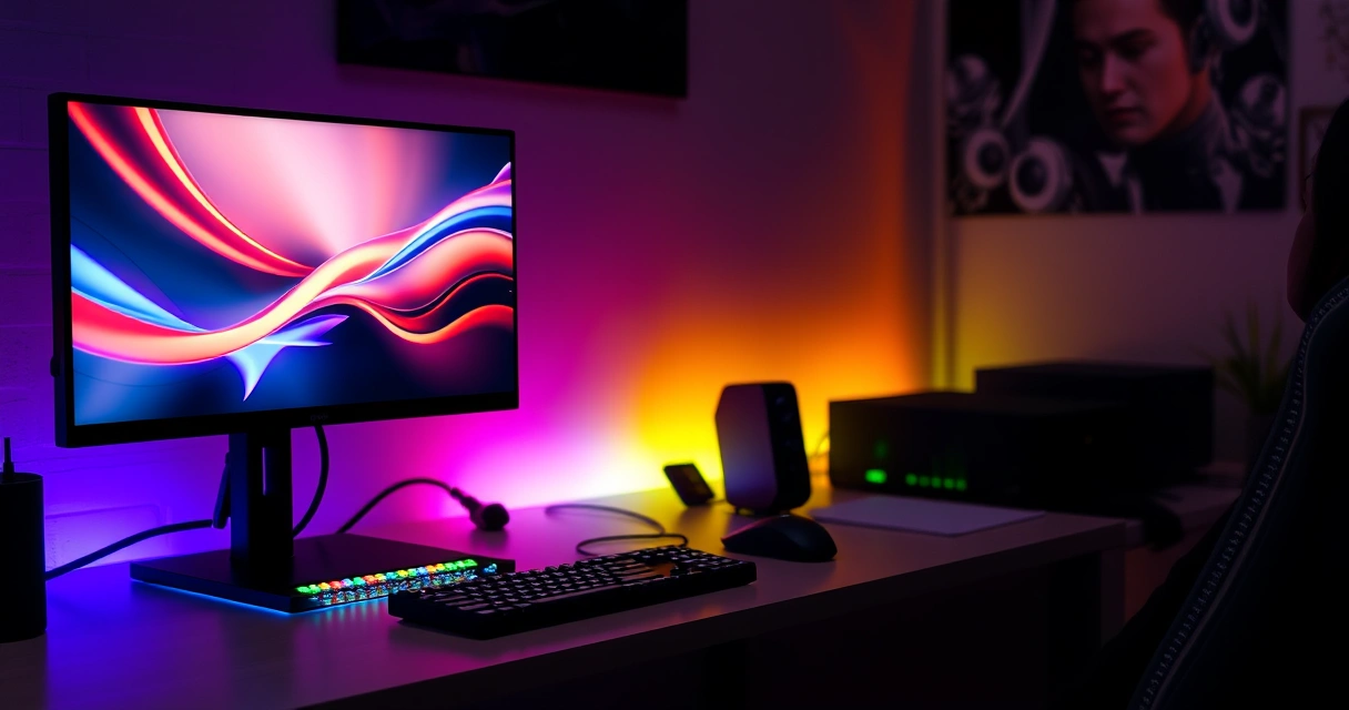 Mesa de jogo com monitor, teclado e iluminação colorida