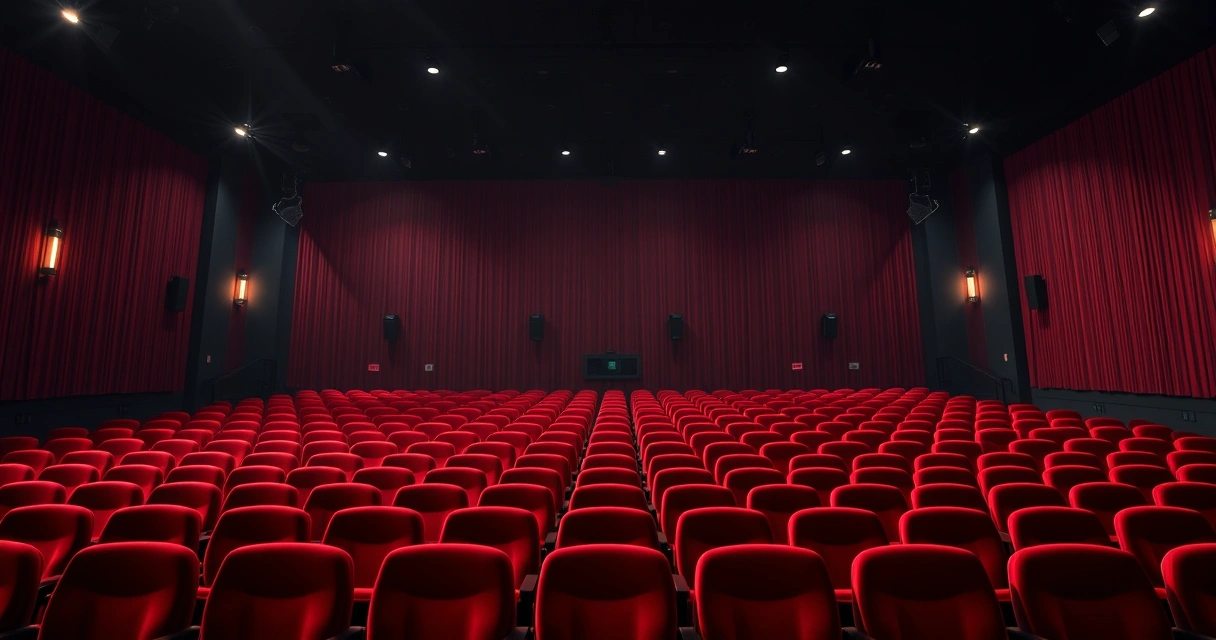 Sala de cinema vazia, com poltronas vermelhas e luz baixa
