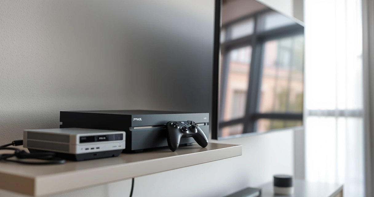 Console de videogame numa estante, ao lado da televisão