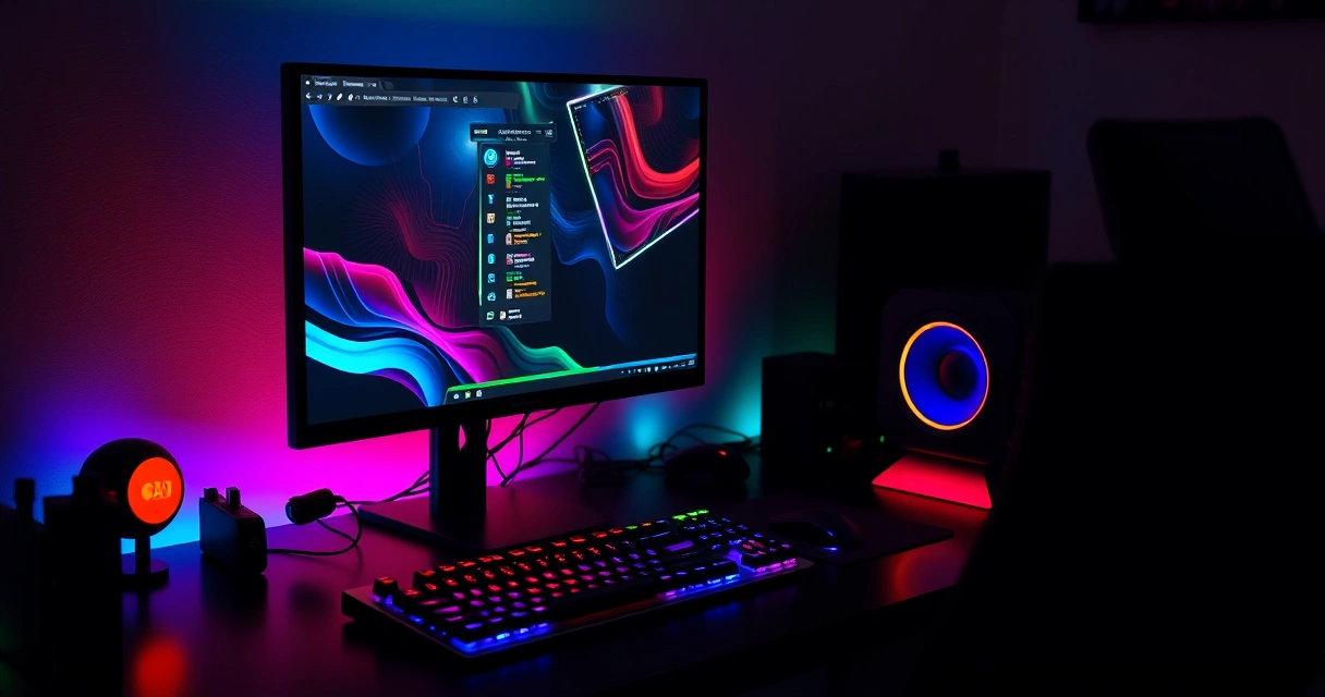 Mesa de jogo com monitor, teclado e iluminação colorida