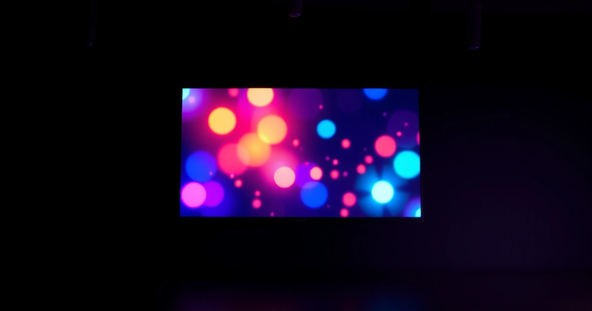 Monitor grande aceso num quarto escuro, com luz colorida