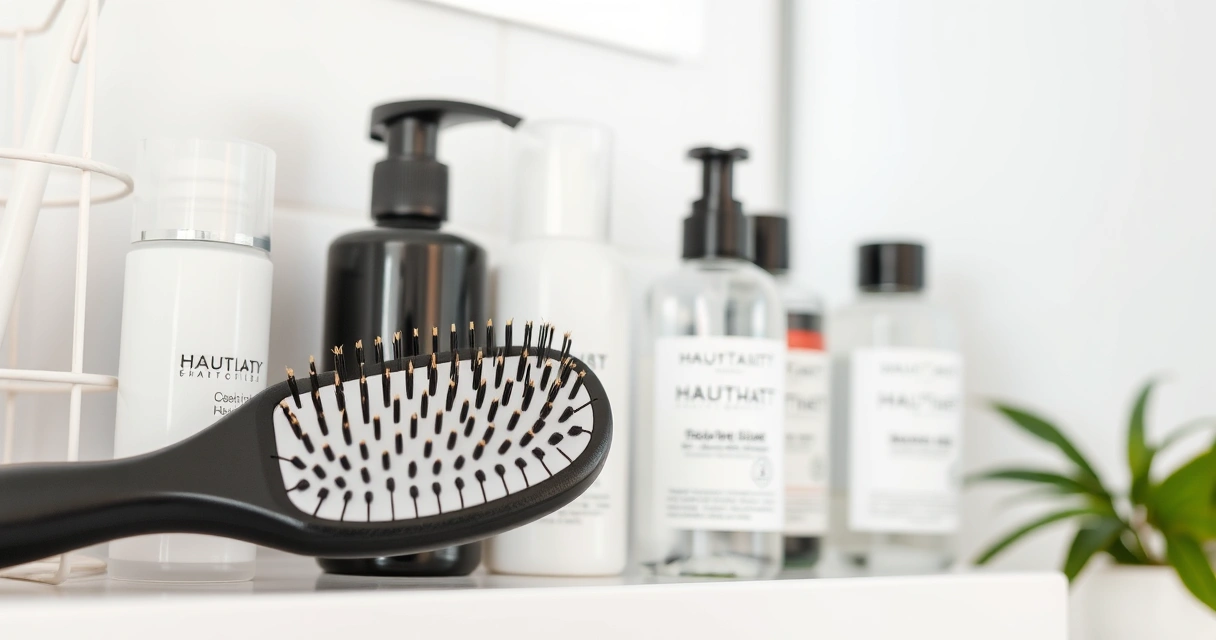 Produtos para cabelo e uma escova sobre a prateleira do banheiro