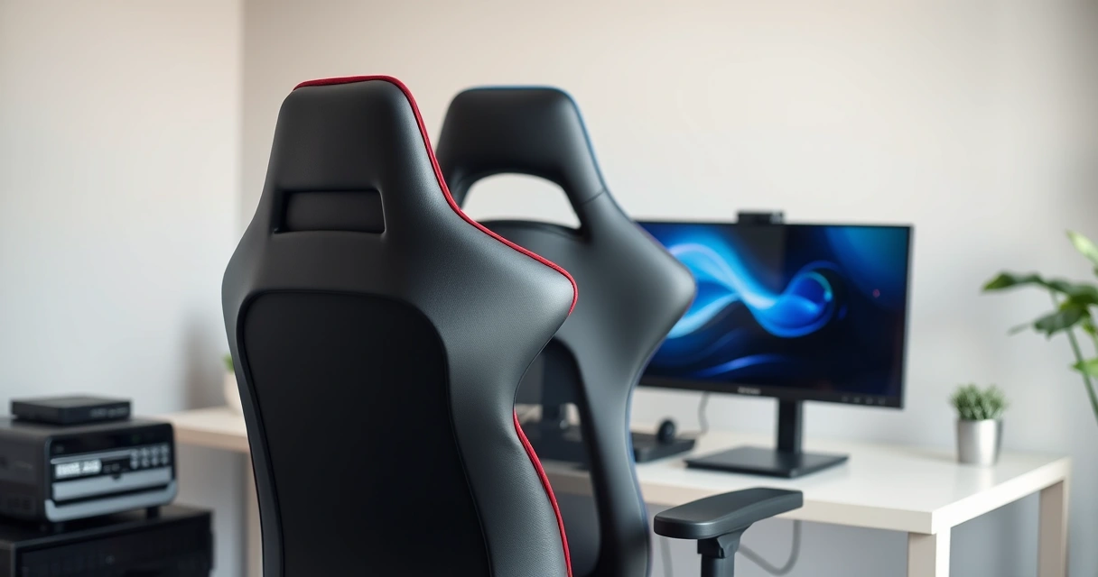 Cadeira gamer diante de uma mesa com dois monitores