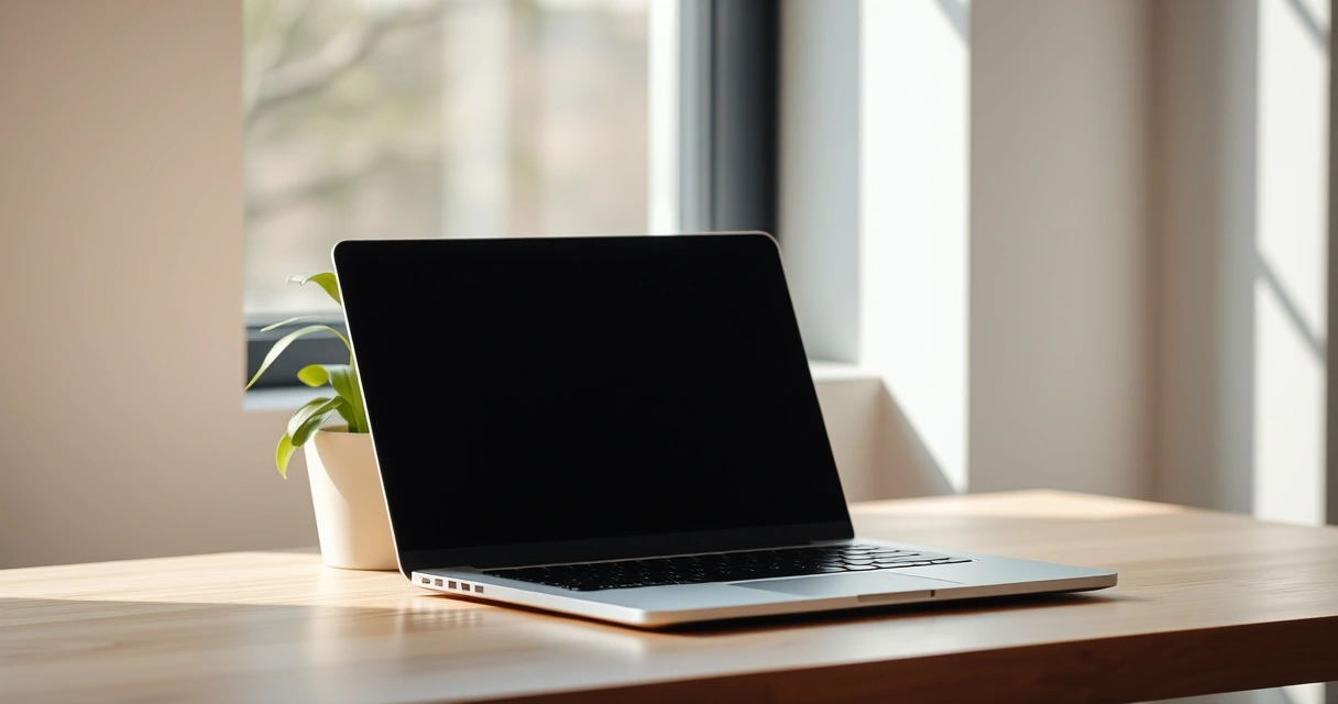 Notebook aberto sobre a mesa, com uma planta ao lado