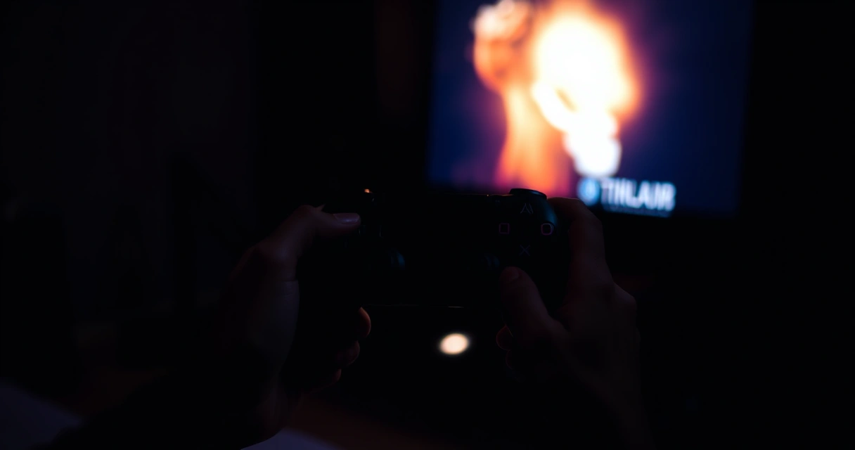 Mãos segurando um controle de videogame num ambiente escuro