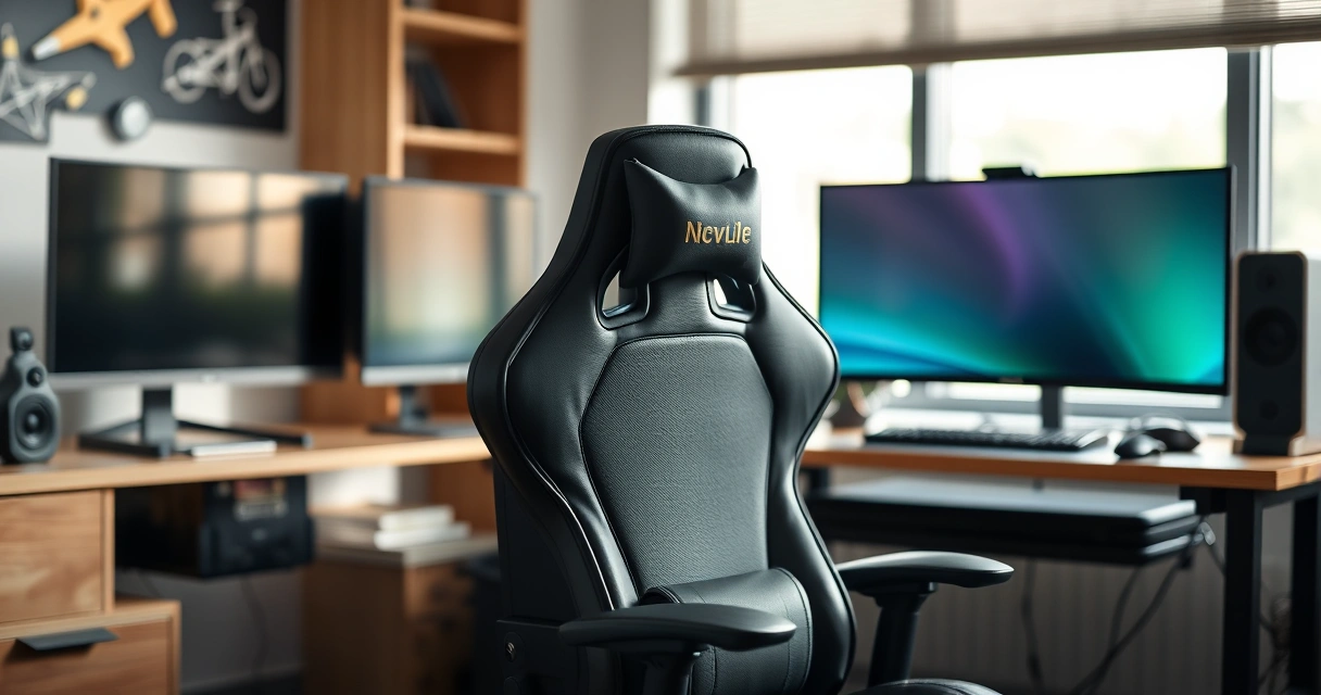 Cadeira gamer diante de uma mesa com dois monitores