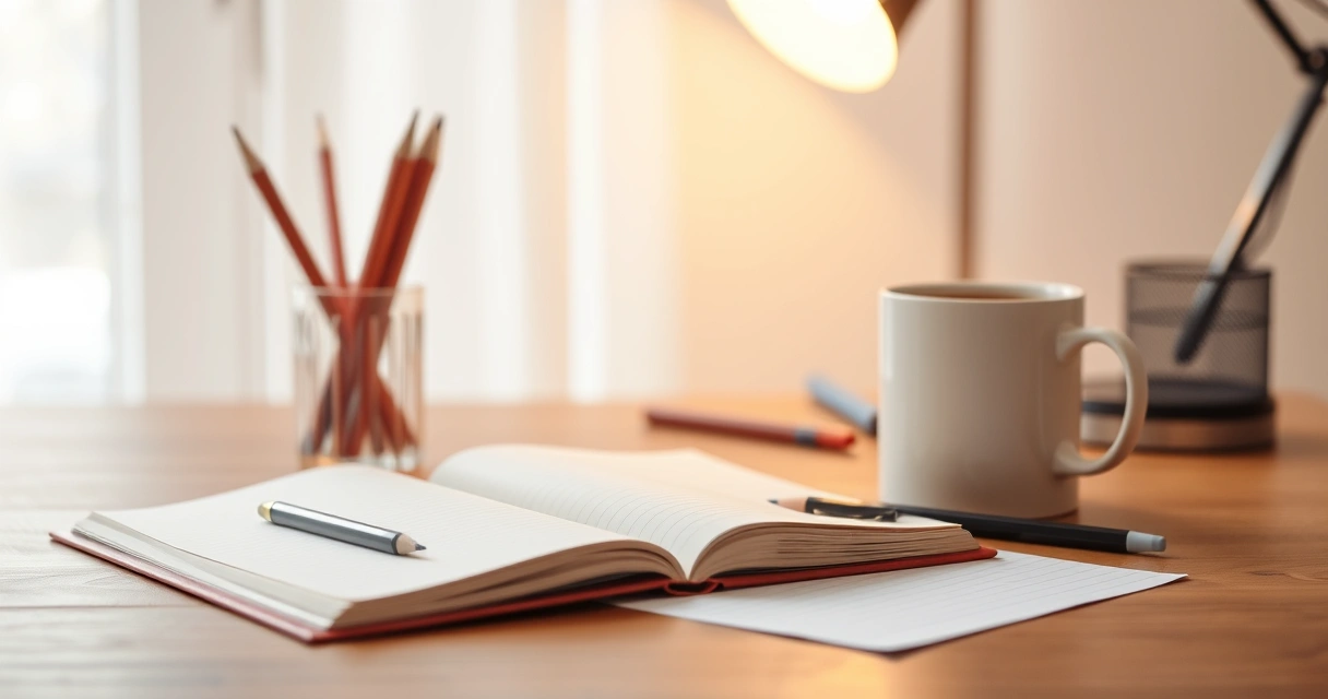 Caderno aberto, lápis e uma caneca sobre a mesa de estudo