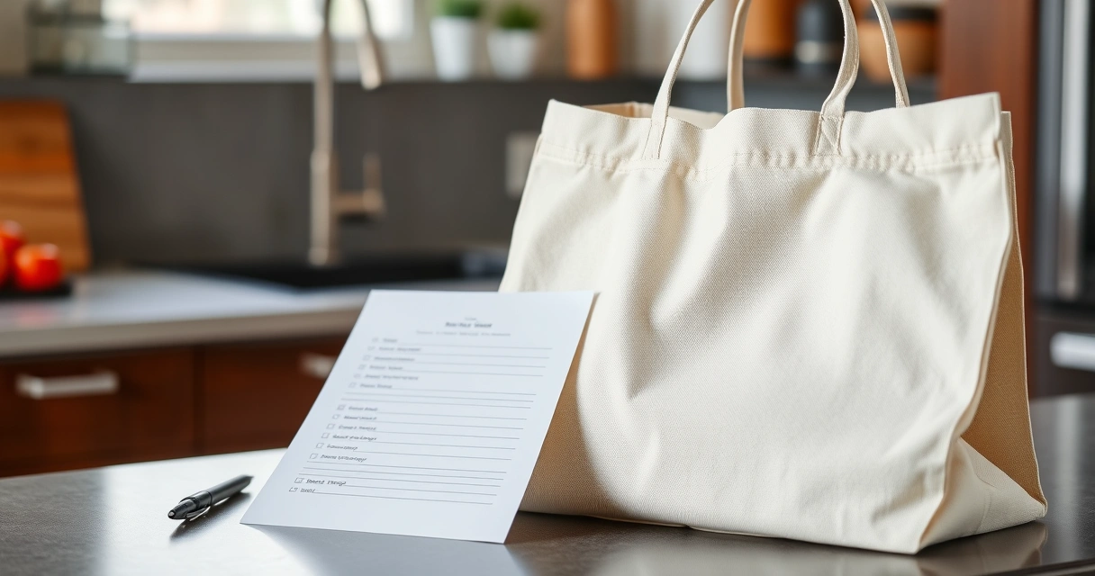 Lista de papel e caneta ao lado de uma sacola na bancada da cozinha