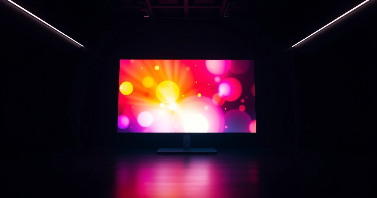 Monitor grande aceso num quarto escuro, com luz colorida