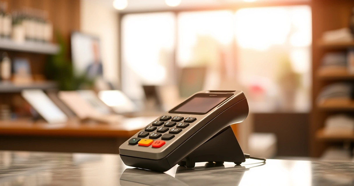 Maquininha de cartão sobre o balcão de uma loja, com fundo desfocado