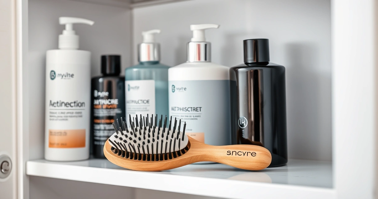 Produtos para cabelo e uma escova sobre a prateleira do banheiro