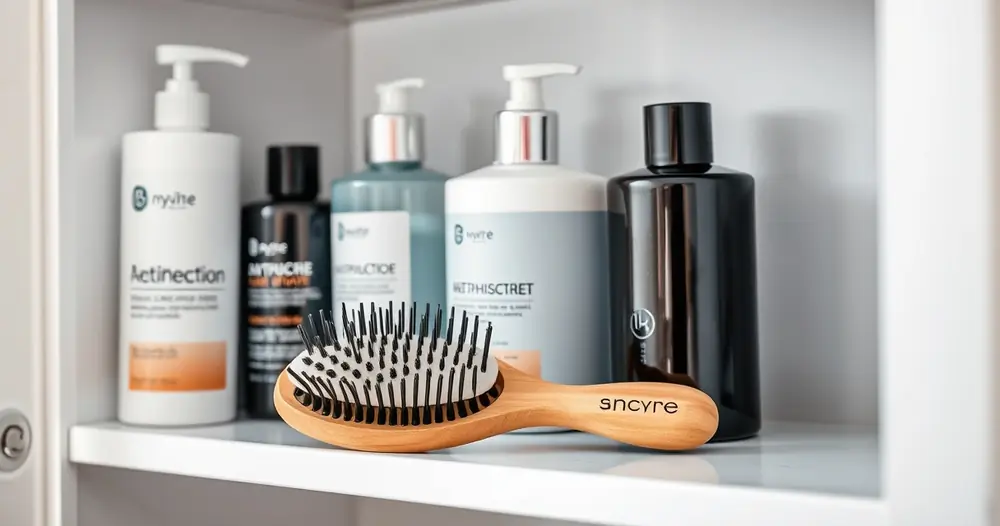 Produtos para cabelo e uma escova sobre a prateleira do banheiro