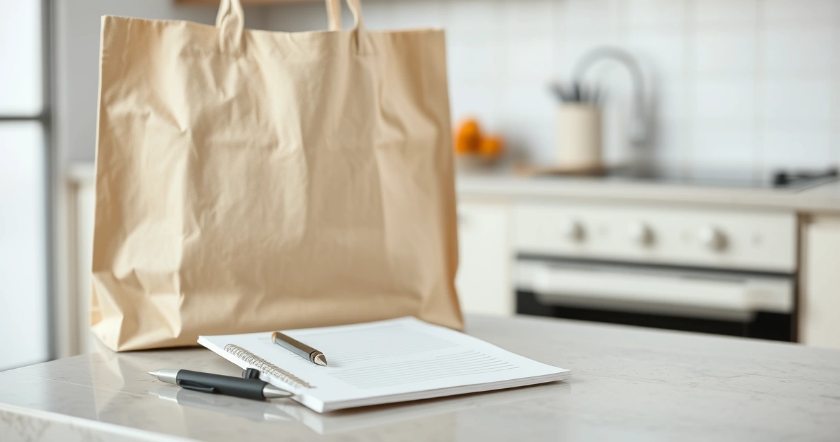Lista de papel e caneta ao lado de uma sacola na bancada da cozinha