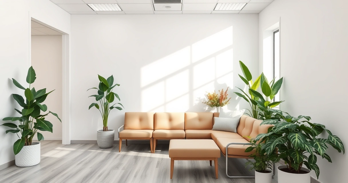 Sala de espera de consultório, com plantas e luz suave