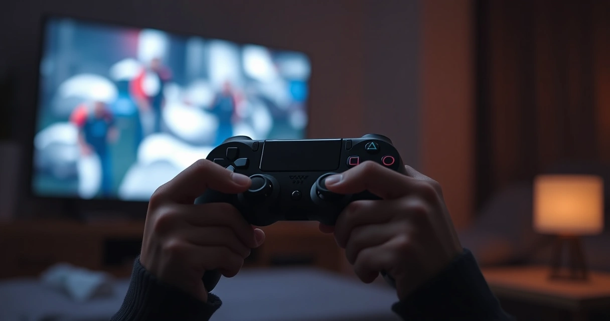 Mãos segurando um controle de videogame, com o brilho da tela ao fundo