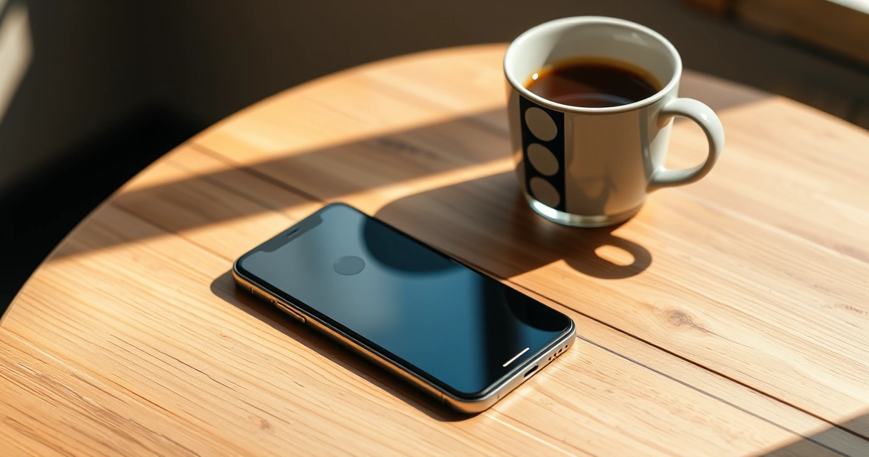 Celular sobre uma mesa de madeira, ao lado de uma xícara de café