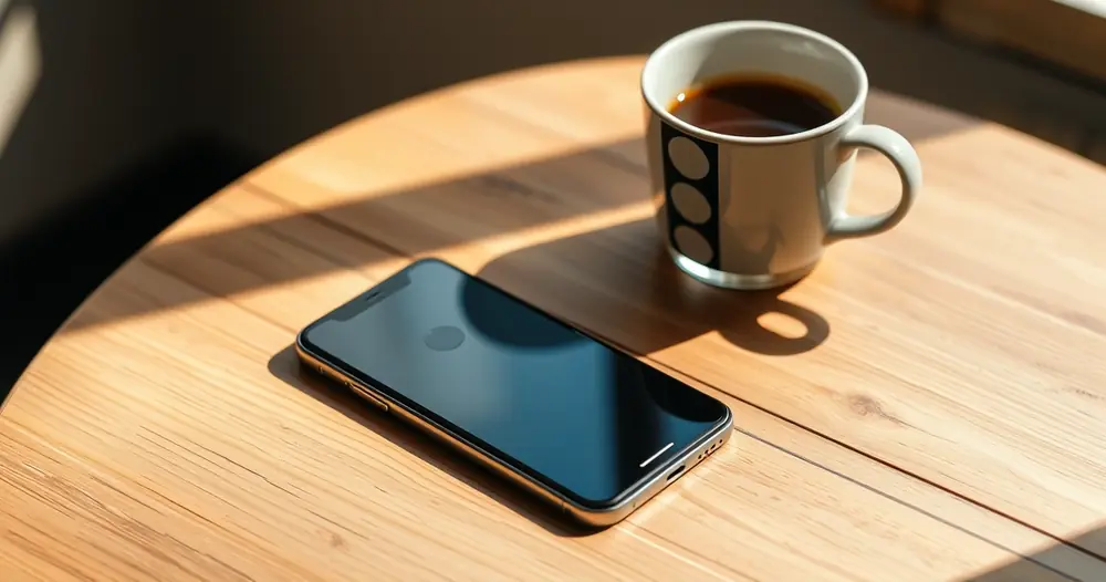 Celular sobre uma mesa de madeira, ao lado de uma xícara de café