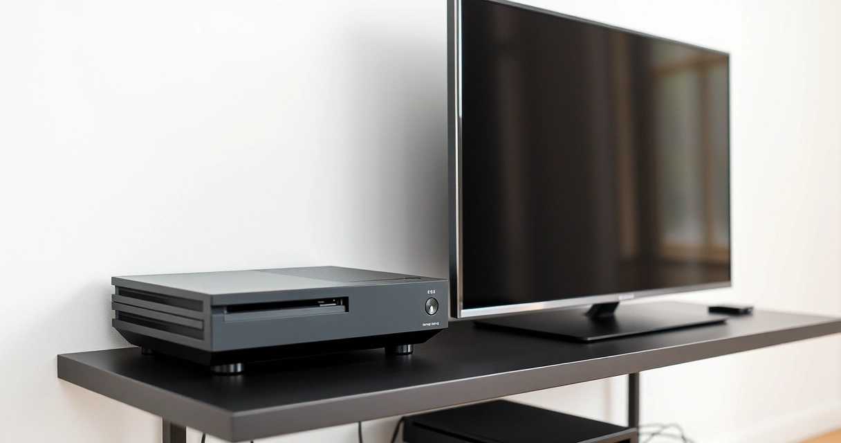 Console de videogame numa estante, ao lado da televisão