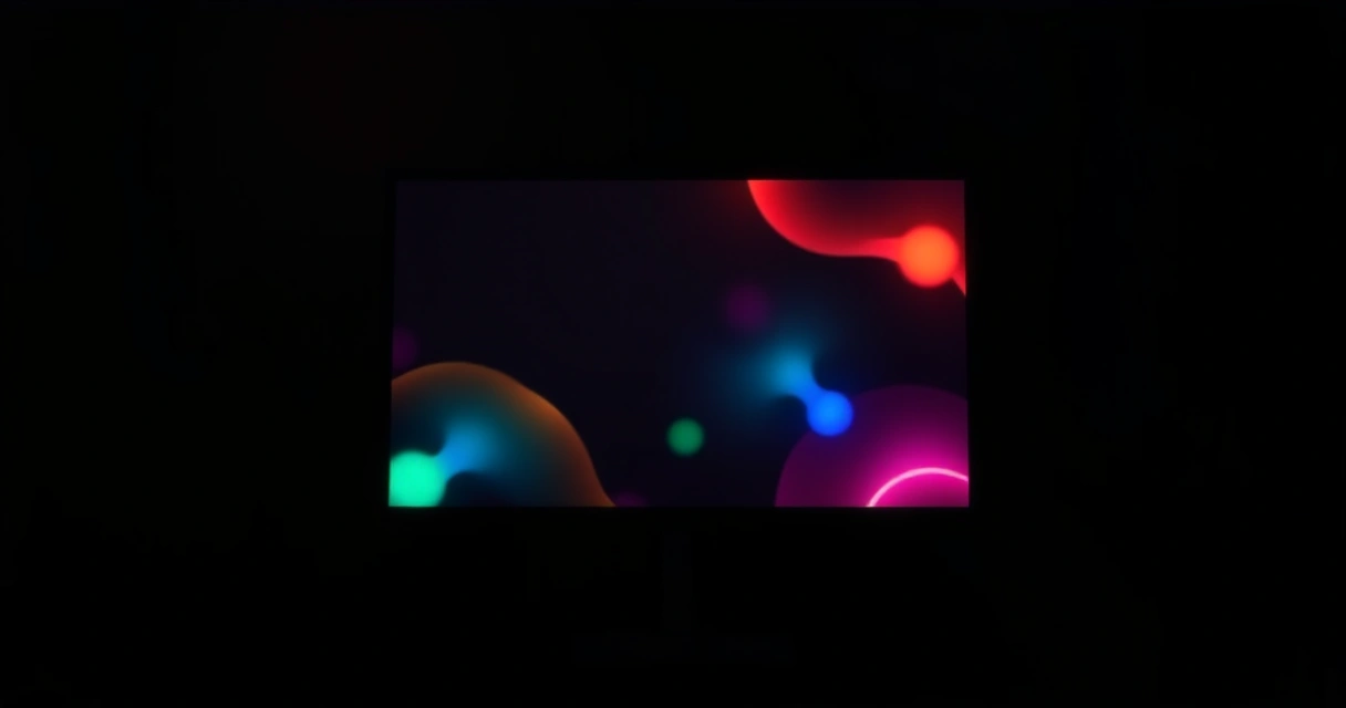 Monitor grande aceso num quarto escuro, com luz colorida