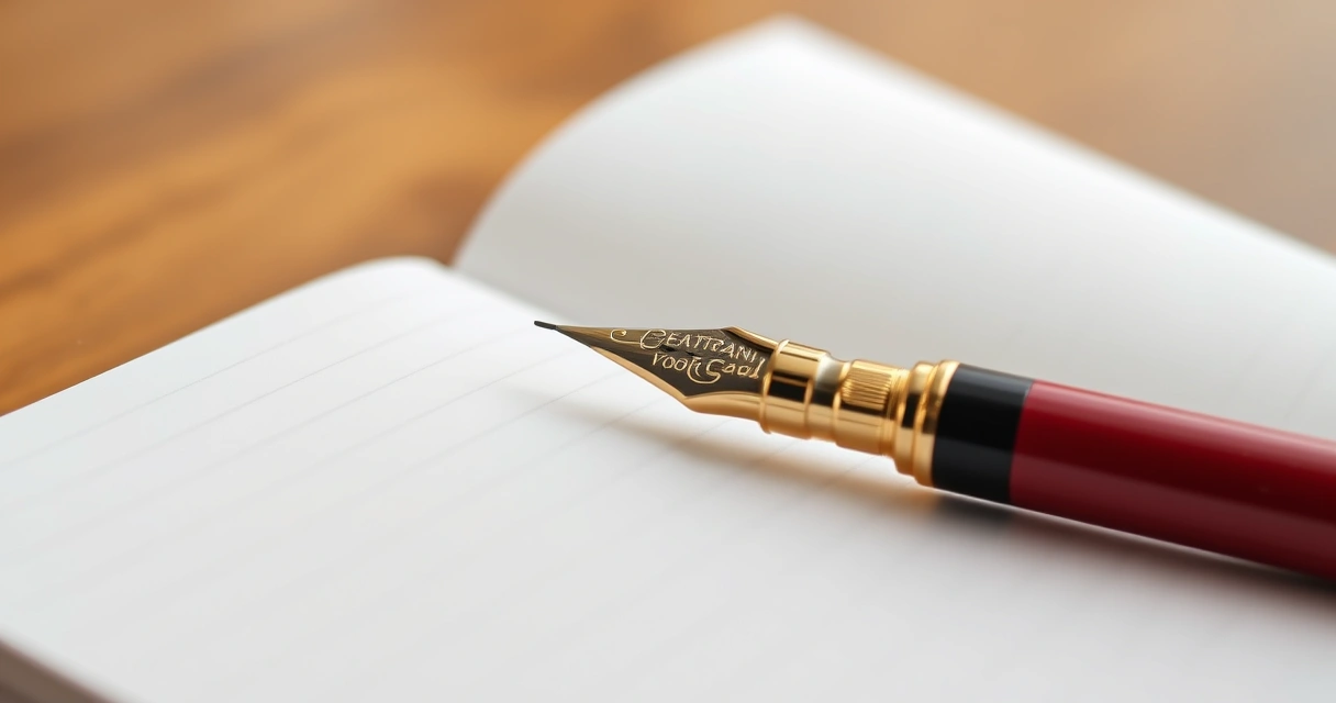 Caneta apoiada sobre um caderno aberto, em close