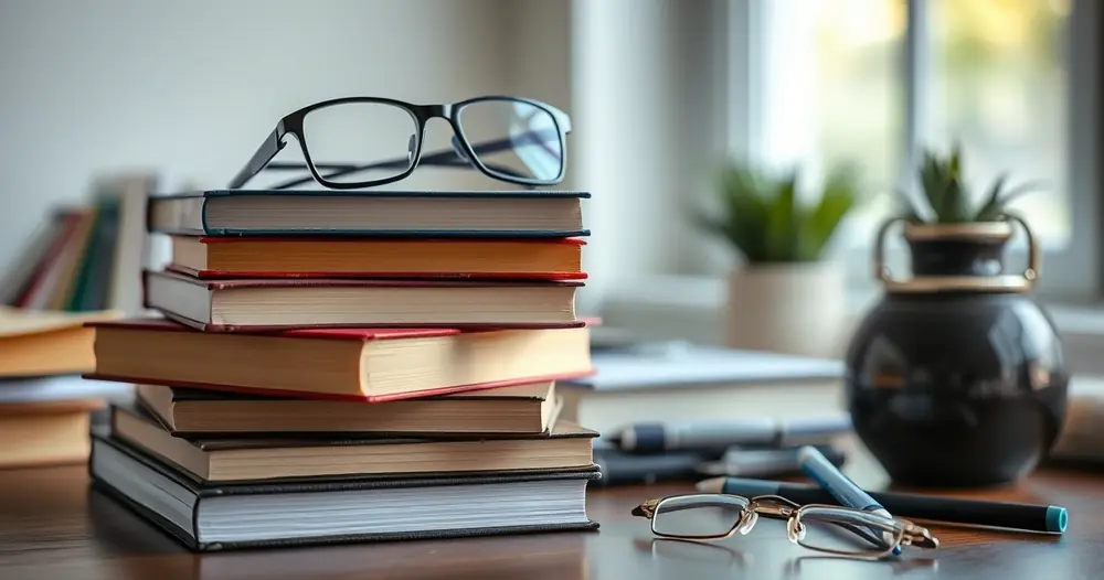 Pilha de livros e óculos de leitura sobre uma escrivaninha