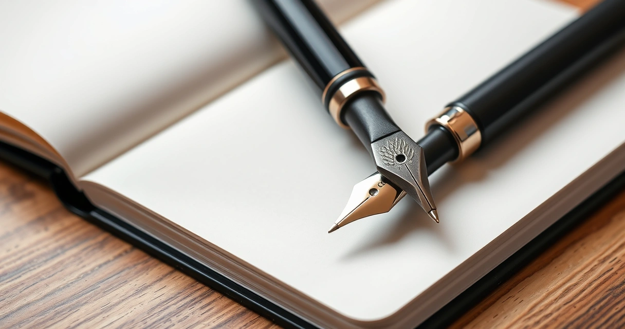 Caneta apoiada sobre um caderno aberto, em close