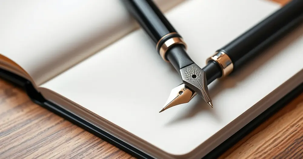 Caneta apoiada sobre um caderno aberto, em close