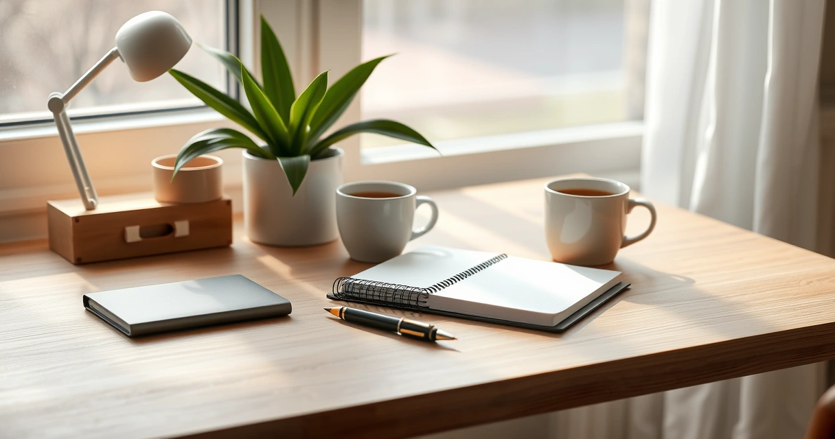 Escrivaninha organizada com caderno, caneta e xícara de café