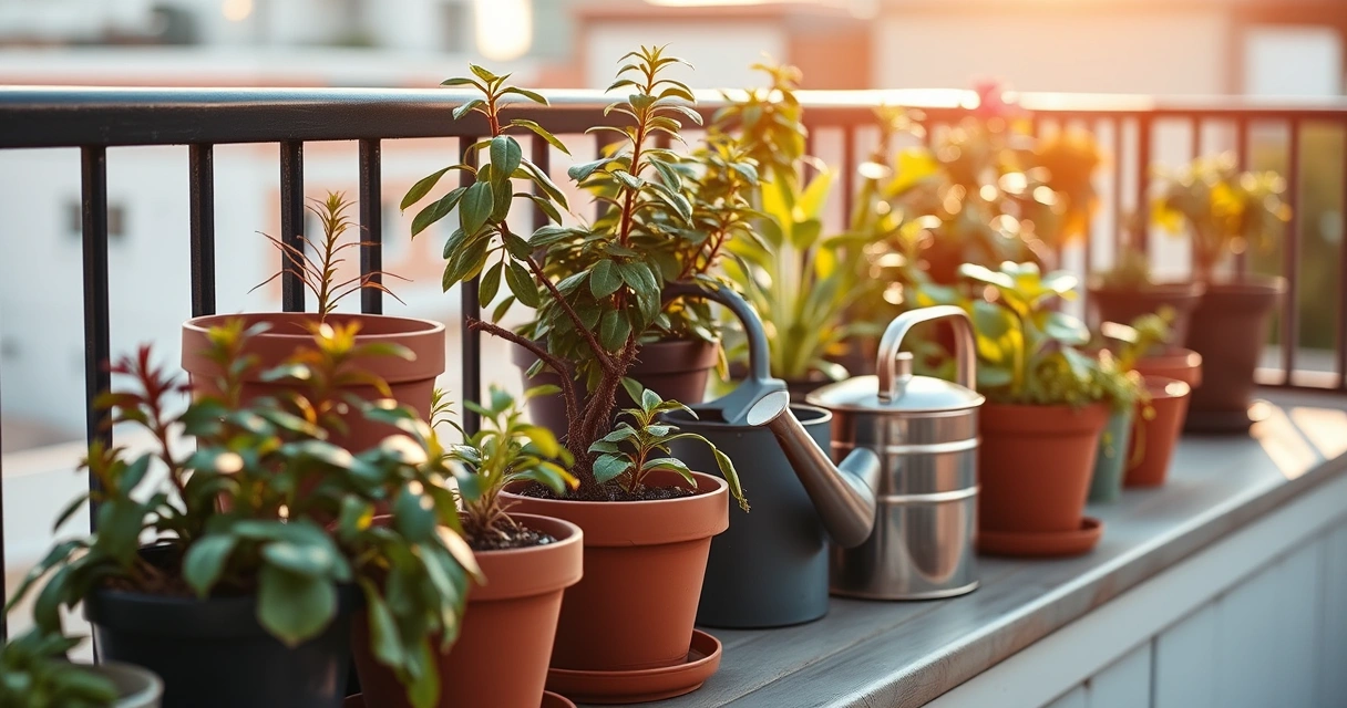 Plantas em vasos numa varanda, com um regador ao lado