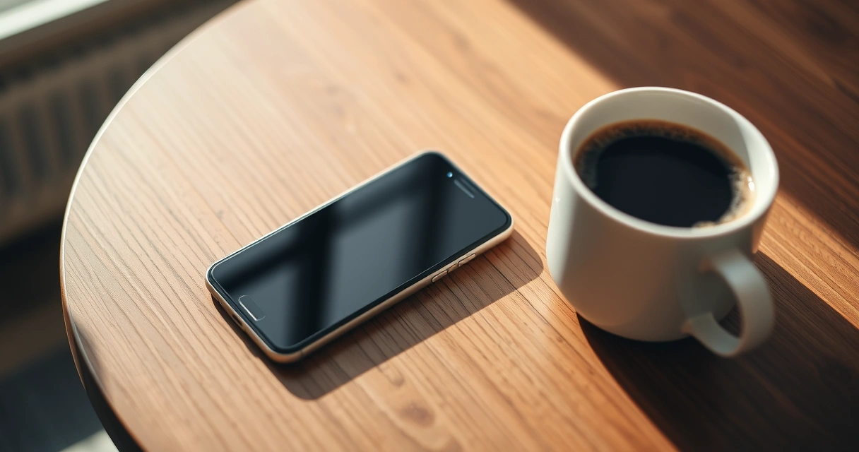 Celular sobre uma mesa de madeira, ao lado de uma xícara de café
