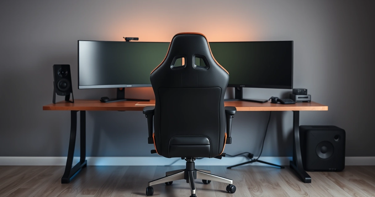 Cadeira gamer diante de uma mesa com dois monitores