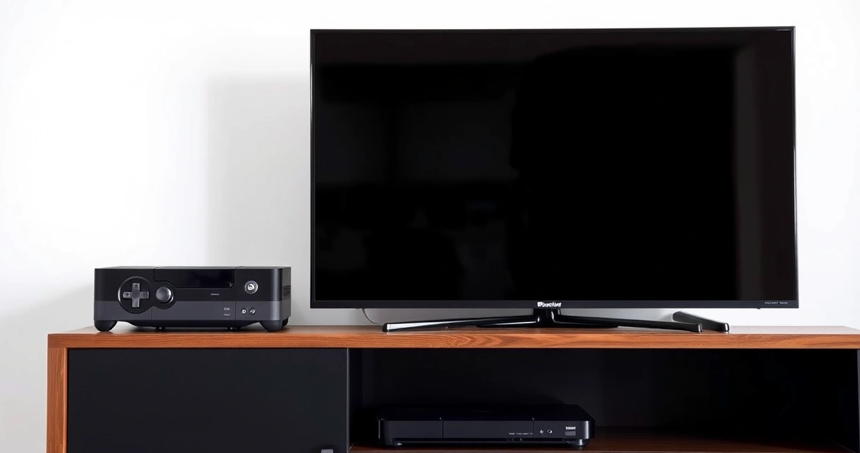 Console de videogame numa estante, ao lado da televisão