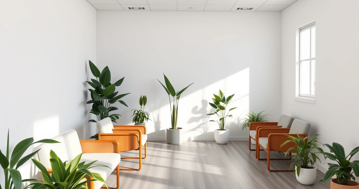 Sala de espera de consultório, com plantas e luz suave