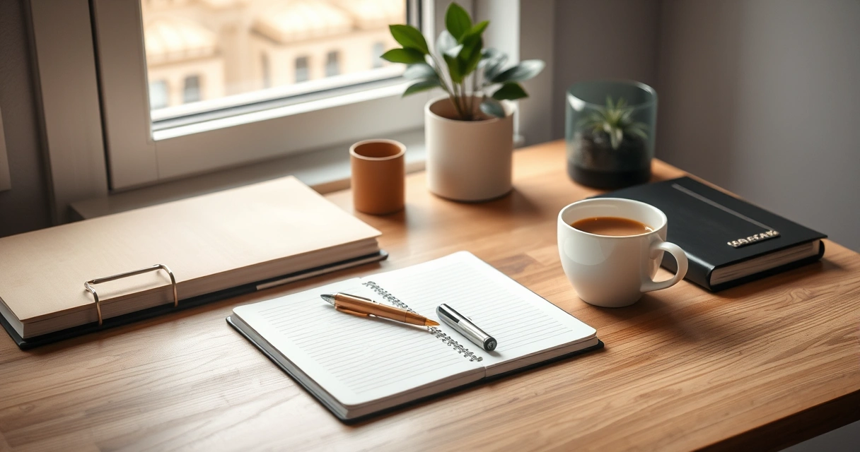 Escrivaninha organizada com caderno, caneta e xícara de café