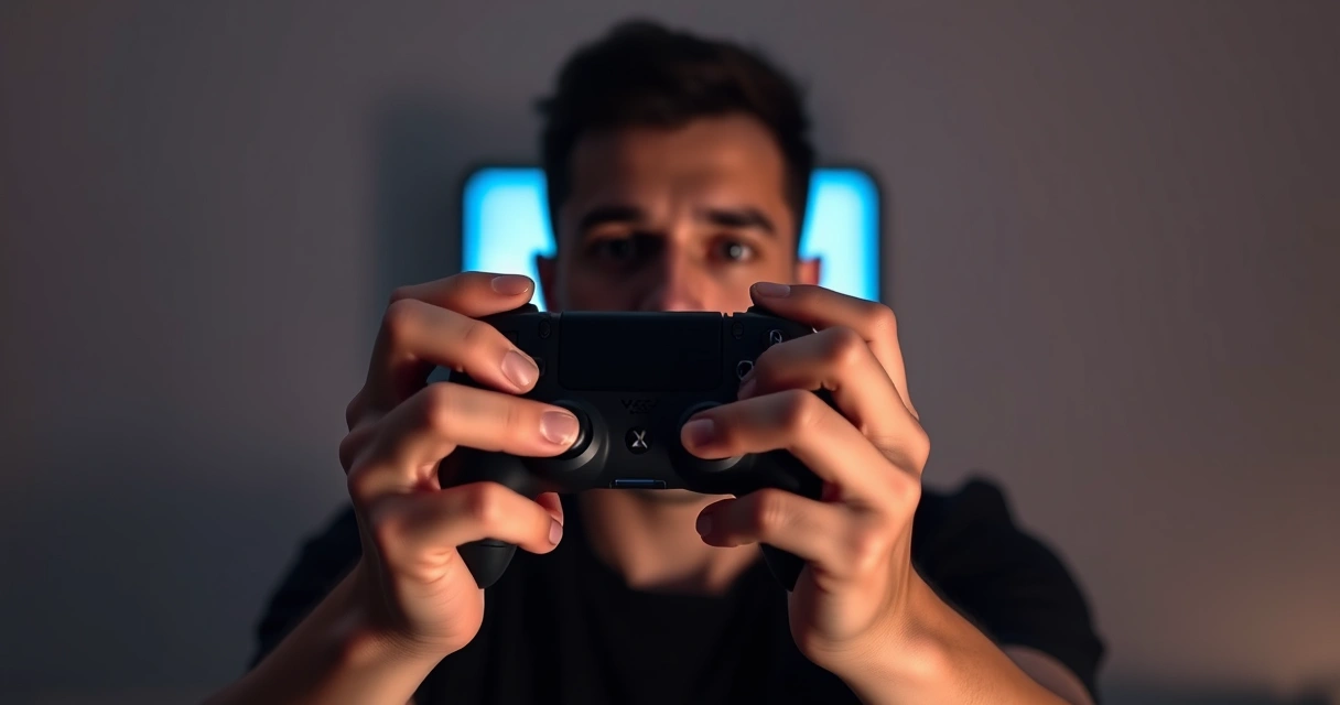 Mãos segurando um controle de videogame, com o brilho da tela ao fundo