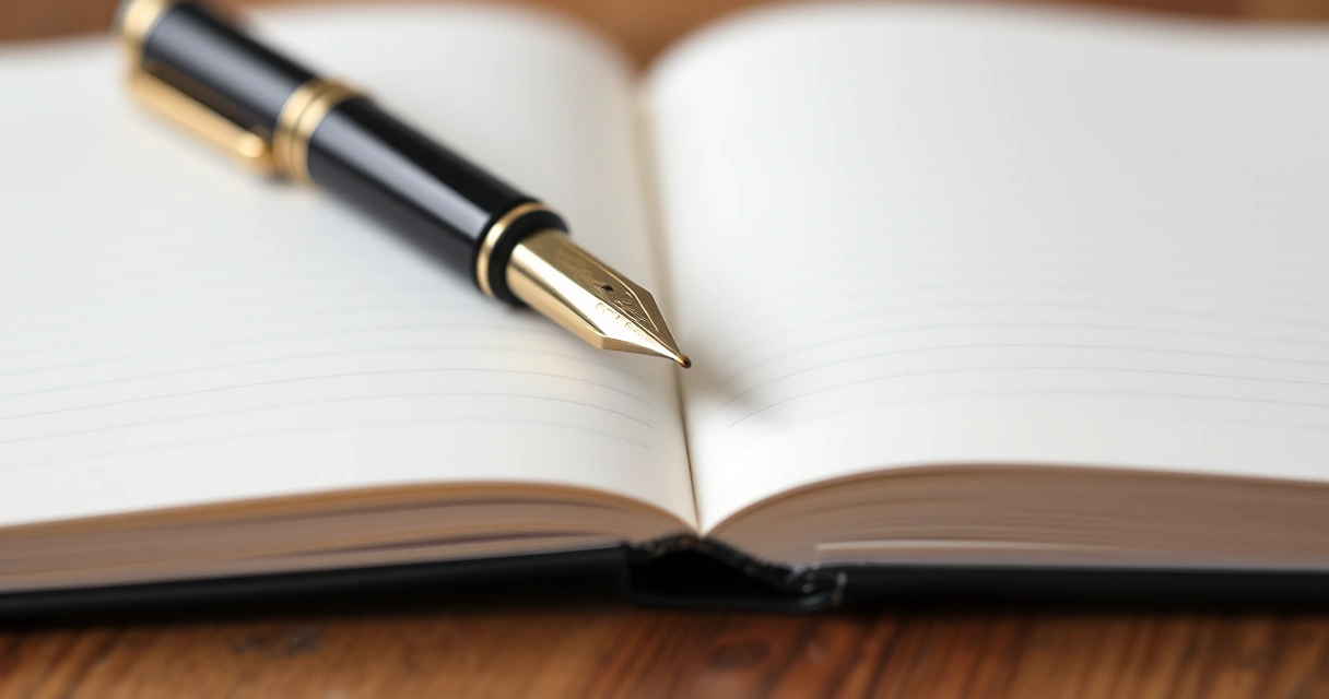 Caneta apoiada sobre um caderno aberto, em close