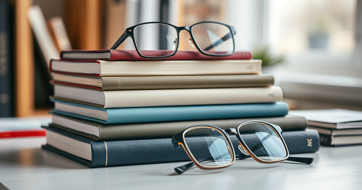 Pilha de livros e óculos de leitura sobre uma escrivaninha