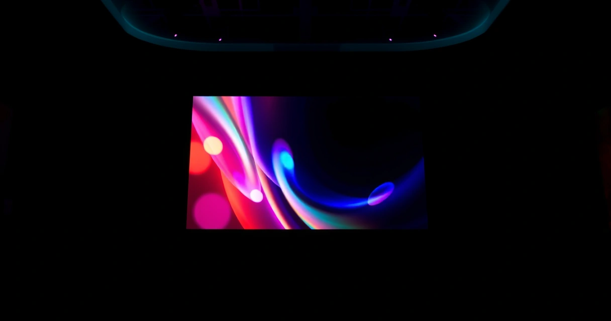 Monitor grande aceso num quarto escuro, com luz colorida