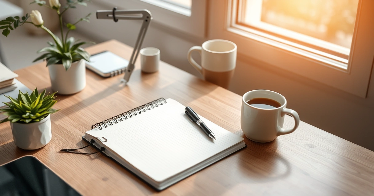 Escrivaninha organizada com caderno, caneta e xícara de café