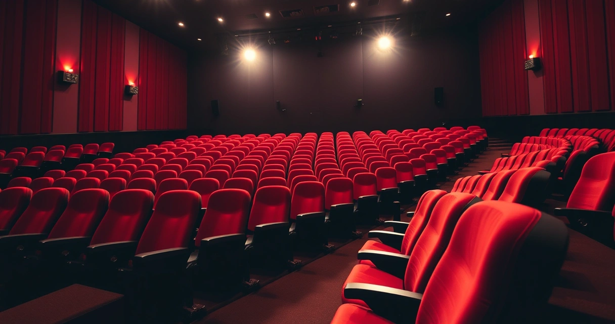 Sala de cinema vazia, com poltronas vermelhas e luz baixa