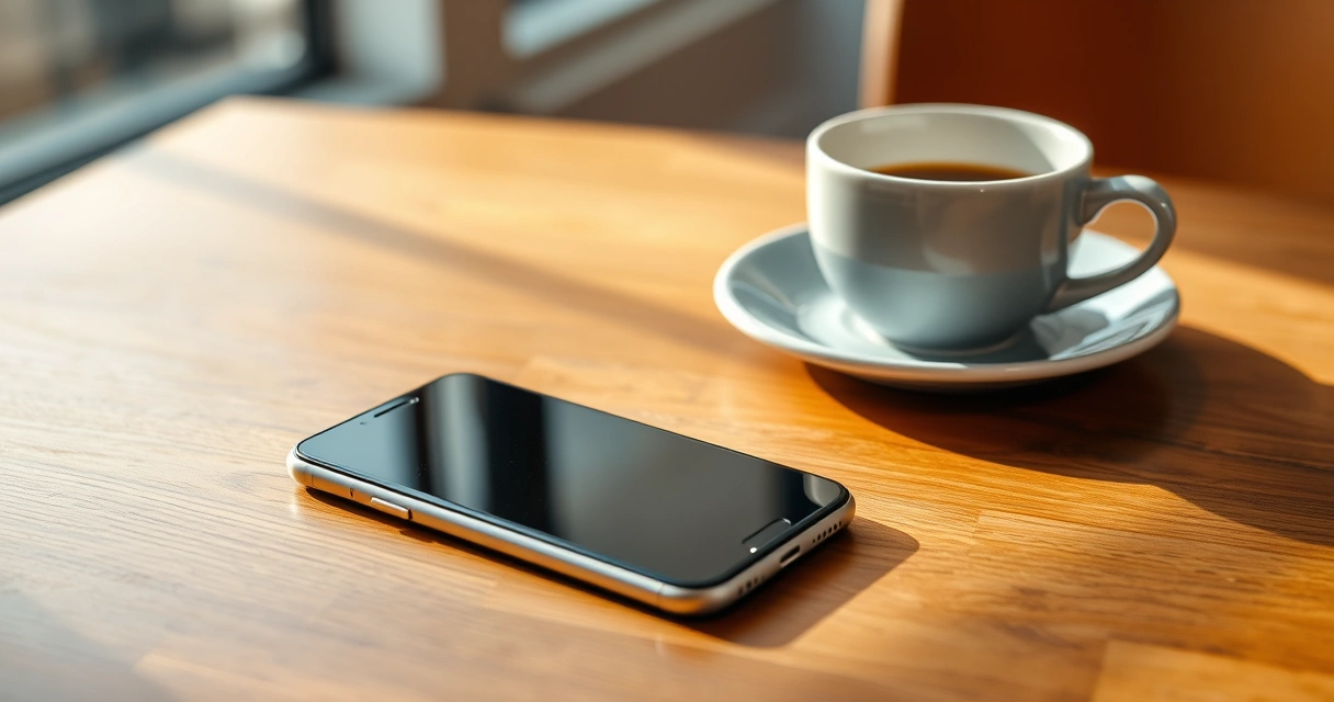 Celular sobre uma mesa de madeira, ao lado de uma xícara de café