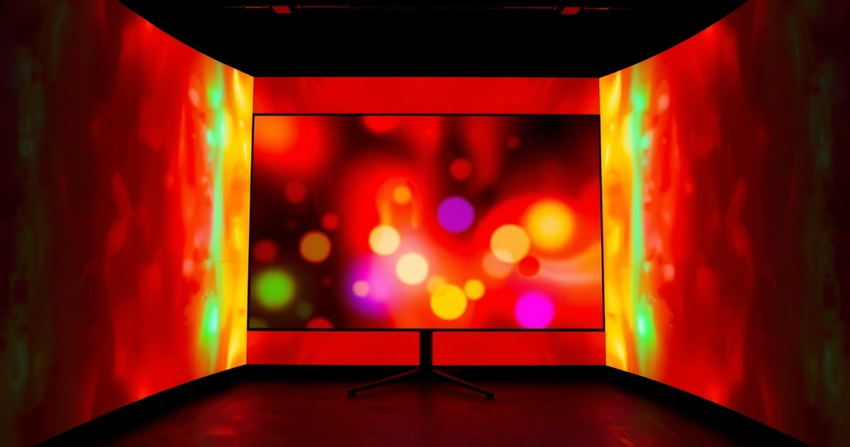 Monitor grande aceso num quarto escuro, com luz colorida