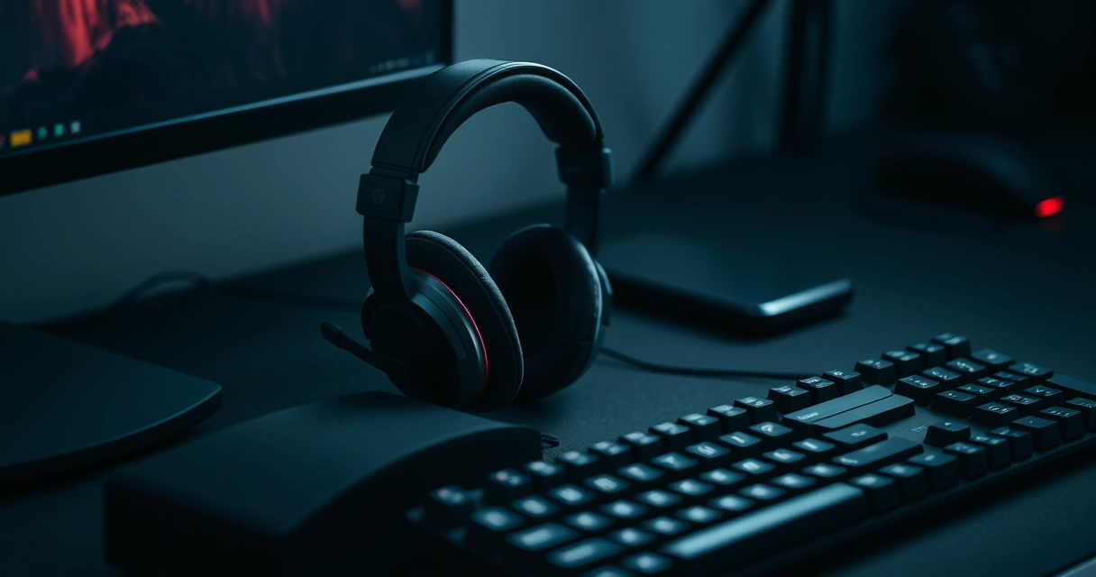 Headset gamer sobre a mesa, ao lado do teclado