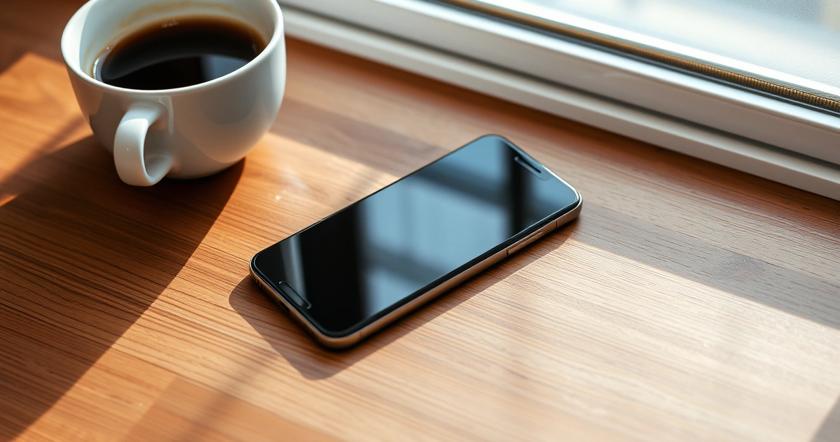 Celular sobre uma mesa de madeira, ao lado de uma xícara de café