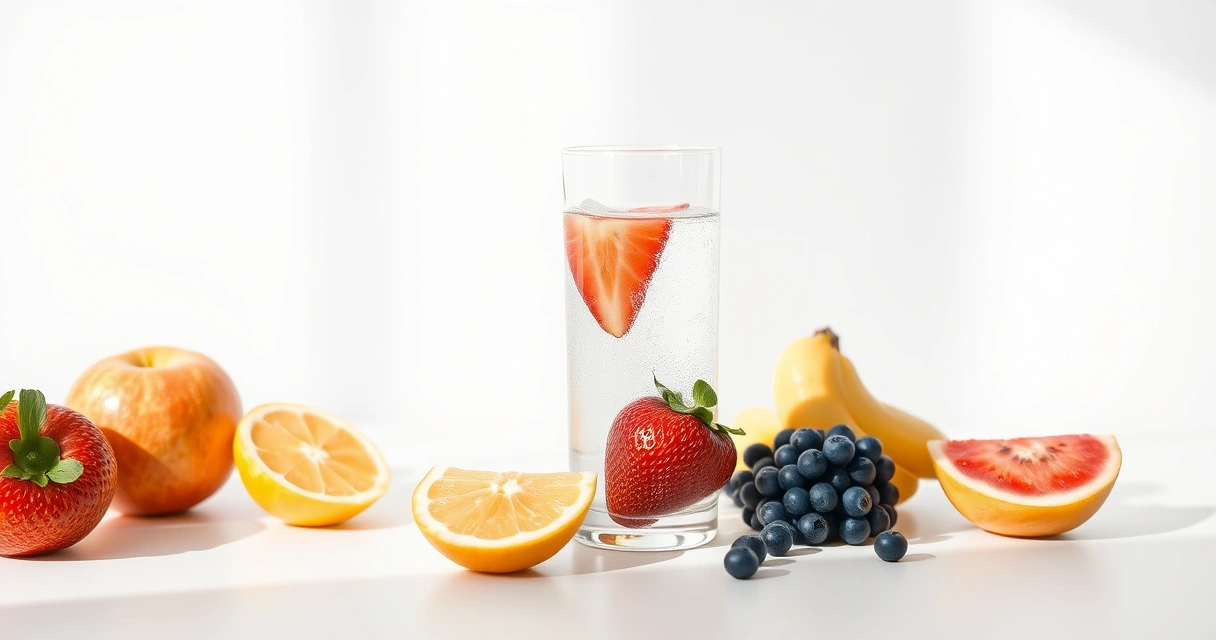 Copo de água e frutas frescas sobre uma mesa clara