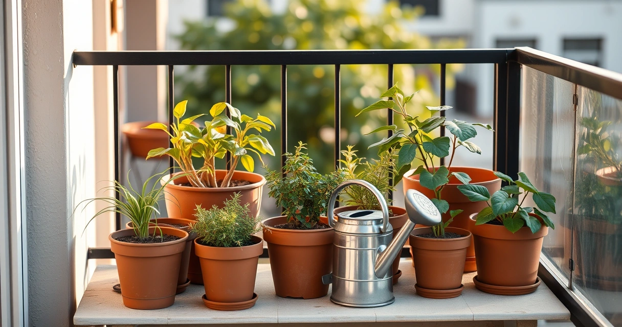 Plantas em vasos numa varanda, com um regador ao lado